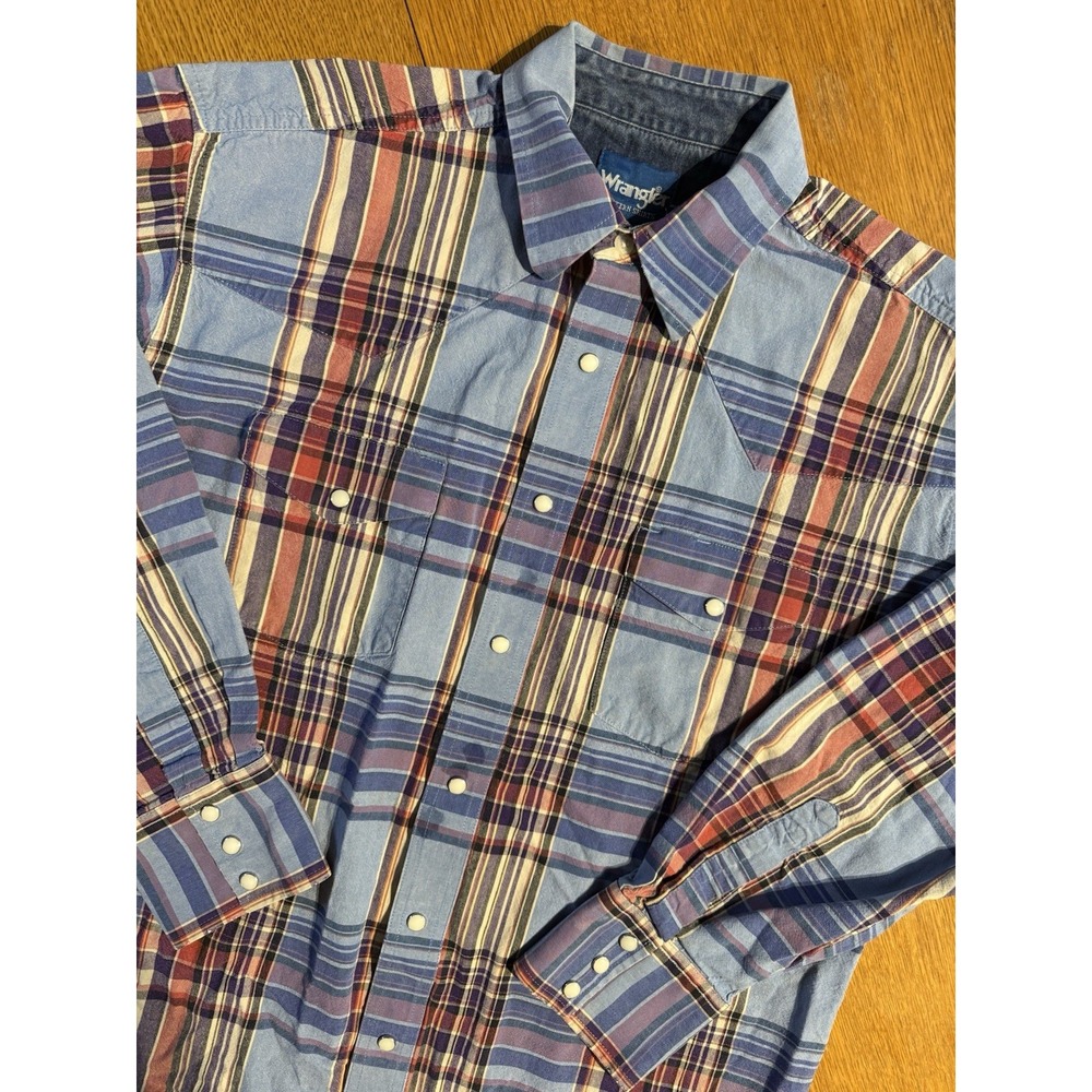 Wrangler Western Shirt Mens L Blue Check Pearl Snap Cowboy Rodeo Rancher Vtg 90s